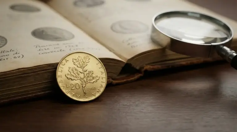 Moneta da 20 lire 1968 con ramo di quercia accanto a un libro aperto e una lente d’ingrandimento