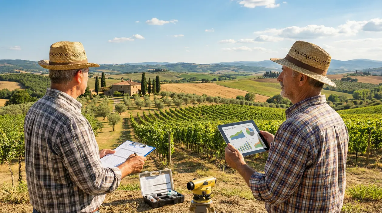 Due agricoltori osservano un vigneto e valutano i dati su tablet e documenti per stimare il valore del terreno agricolo