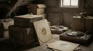 Vecchi dischi in vinile impilati in soffitta, con giradischi e cuffie su una scatola vicino a una finestra