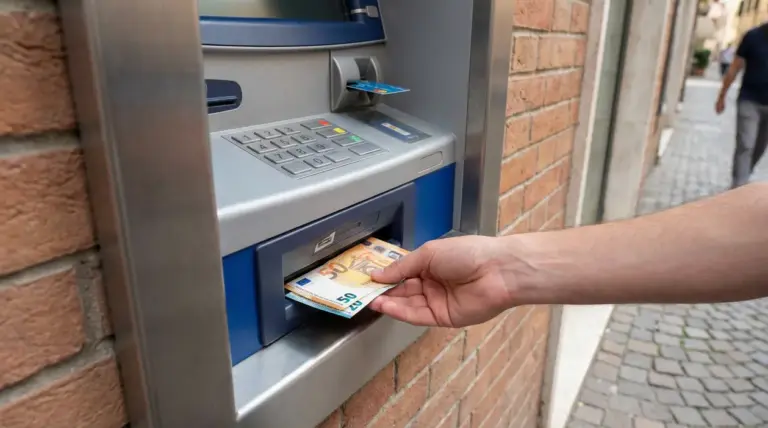 Mano che preleva banconote in euro da un bancomat con carta inserita, all’esterno di un edificio