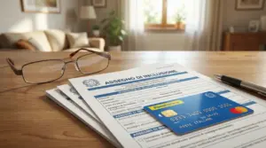 Moduli per l’assegno di inclusione su un tavolo, con occhiali, penna e una carta di pagamento