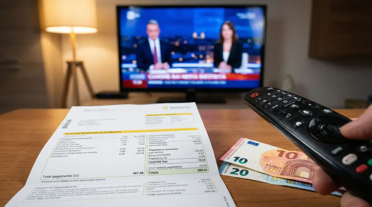 Bolletta elettrica sul tavolo con telecomando TV e banconote euro, televisore acceso sullo sfondo