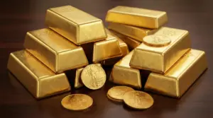 Lingotti e monete d’oro su un tavolo, simbolo del prezzo dell’oro al grammo e dell’investimento in oro
