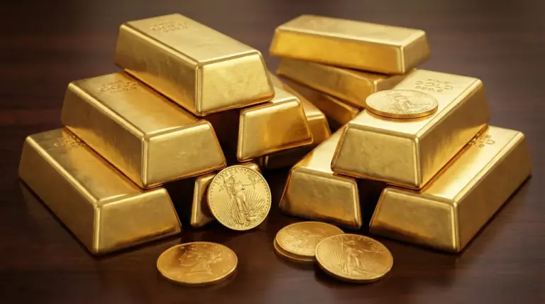 Lingotti e monete d’oro su un tavolo, simbolo del prezzo dell’oro al grammo e dell’investimento in oro