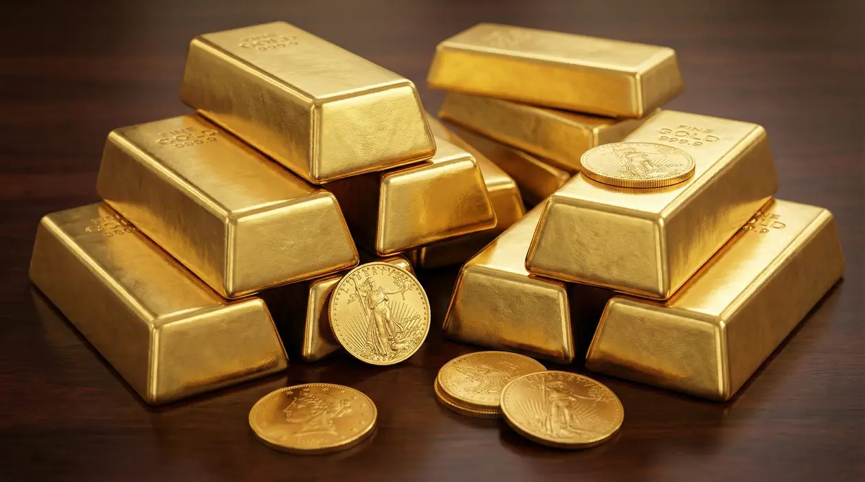 Lingotti e monete d’oro su un tavolo, simbolo del prezzo dell’oro al grammo e dell’investimento in oro