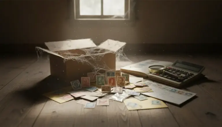 Francobolli e buste sparsi sul pavimento accanto a una scatola in soffitta, con lente d’ingrandimento e calcolatrice