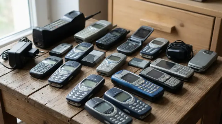 Vecchi cellulari e accessori disposti su un tavolo di legno, come modelli vintage conservati in un cassetto