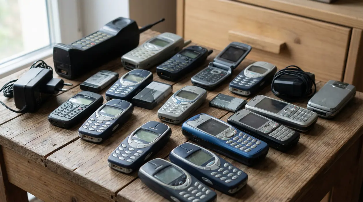 Vecchi cellulari e accessori disposti su un tavolo di legno, come modelli vintage conservati in un cassetto