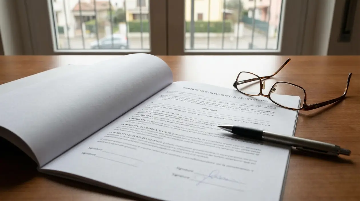 Contratto di comodato d’uso gratuito su un tavolo con penna e occhiali, in contesto domestico