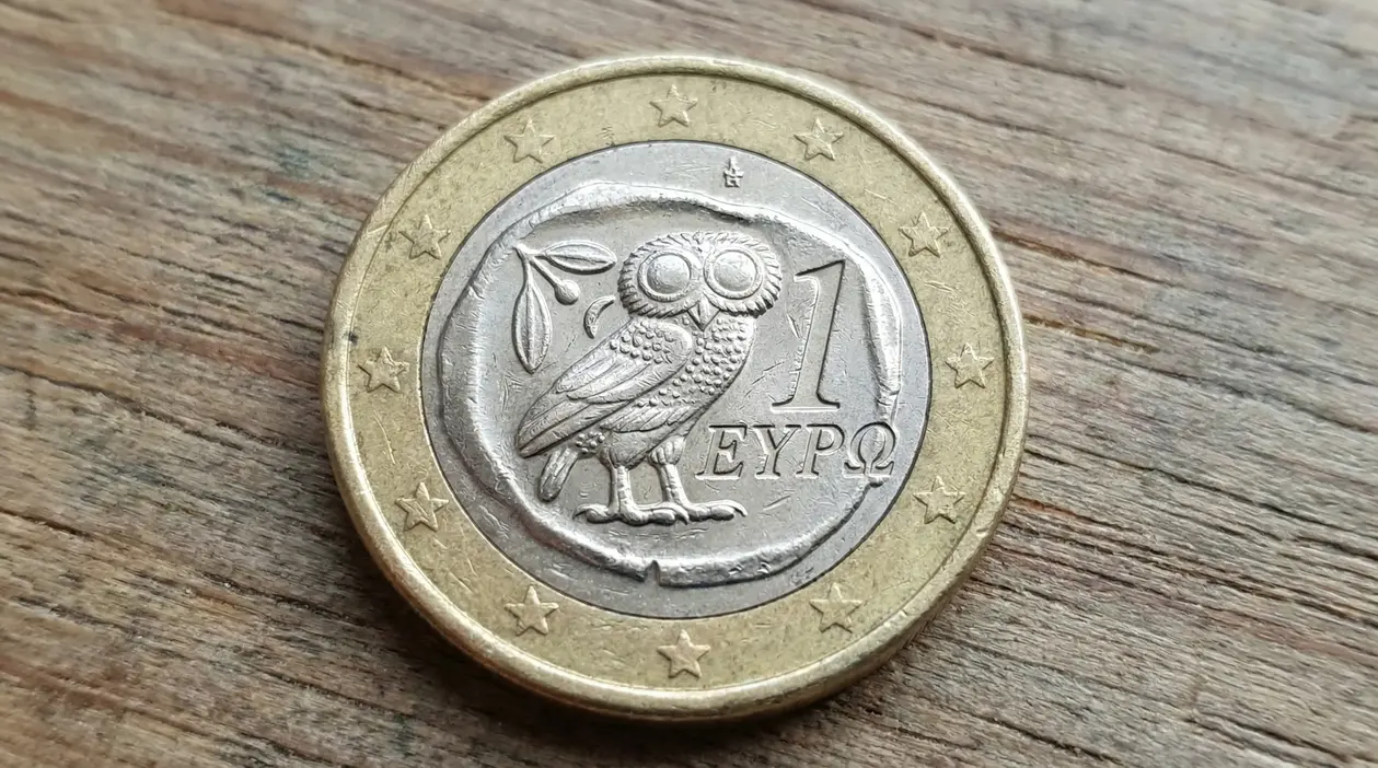 Moneta da 1 euro con gufo incisa sul lato nazionale, appoggiata su una superficie di legno
