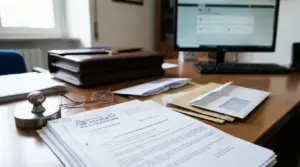 Scrivania con documenti e buste dell’Agenzia Entrate-Riscossione, computer e timbro in ufficio