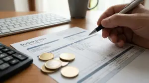 Mano con penna su una busta paga con monete in euro, accanto a tastiera e calcolatrice su una scrivania