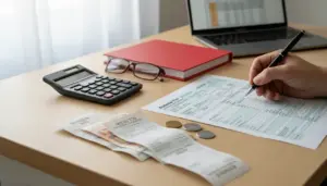 Mano che compila un modulo fiscale su scrivania con calcolatrice, ricevute, monete, occhiali e laptop