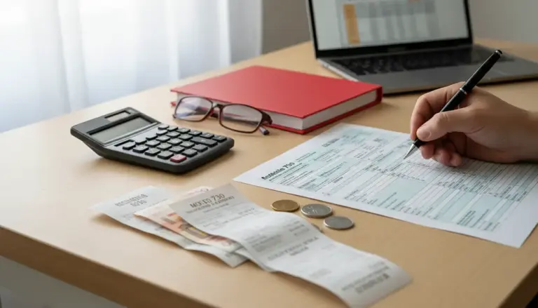 Mano che compila un modulo fiscale su scrivania con calcolatrice, ricevute, monete, occhiali e laptop