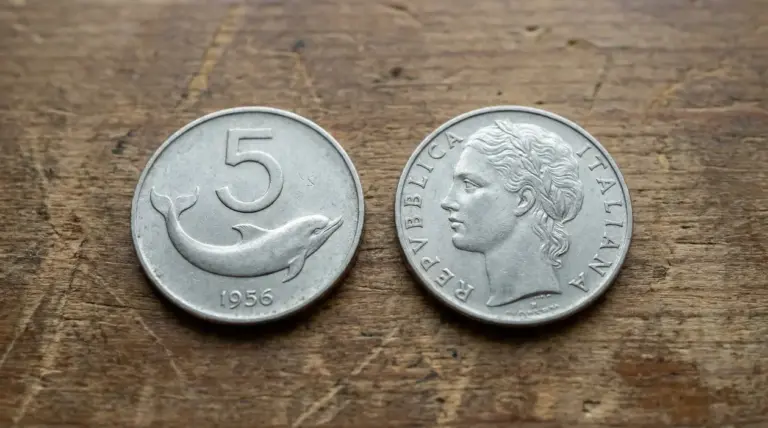 Due monete italiane da 5 lire con delfino (1956) su un tavolo di legno, viste fronte e retro