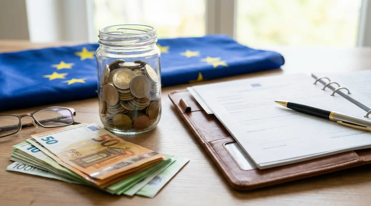 Risparmi in euro su una scrivania, con barattolo di monete e documenti, sullo sfondo la bandiera dell’UE