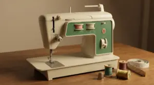Macchina da cucire Singer vintage su tavolo in legno con rocchetti di filo e metro da sarta