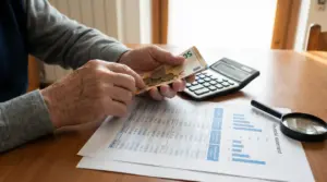 Persona che conta banconote e monete in euro accanto a calcolatrice e documenti con grafici su un tavolo