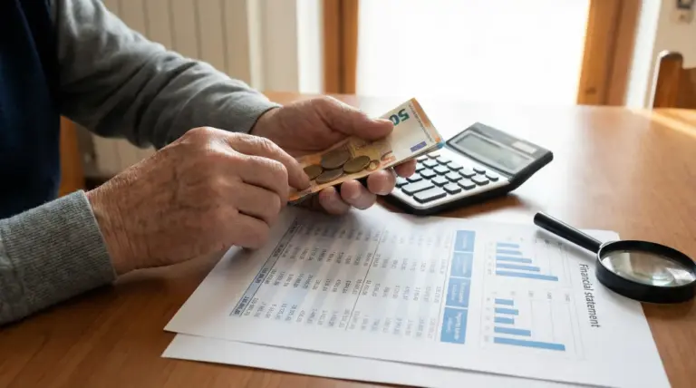 Persona che conta banconote e monete in euro accanto a calcolatrice e documenti con grafici su un tavolo