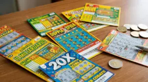 Gratta e vinci colorati su un tavolo con monete e penna, per confronto delle probabilità di vincita