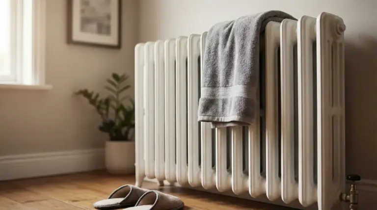 Termosifone in ghisa con asciugamano appoggiato sopra in una stanza, esempio di calore bloccato e spreco energetico