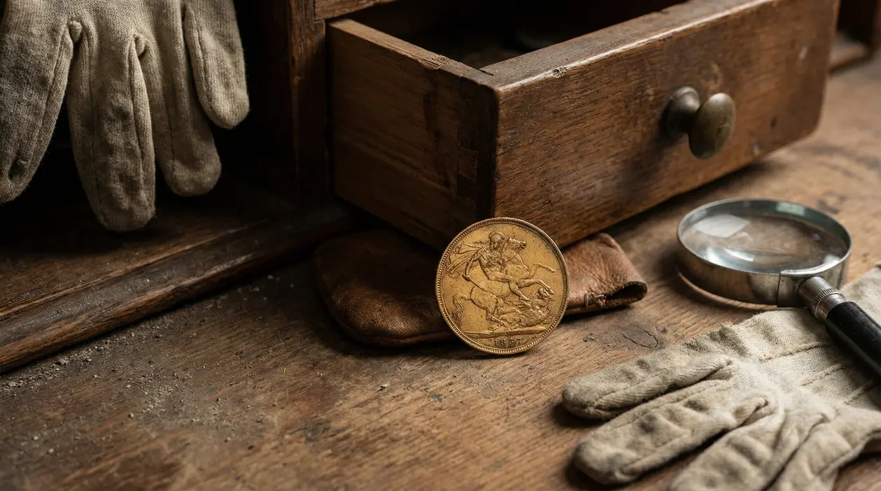 Sterlina d’oro su tavolo in legno vicino a cassetto aperto, guanti da lavoro e lente d’ingrandimento